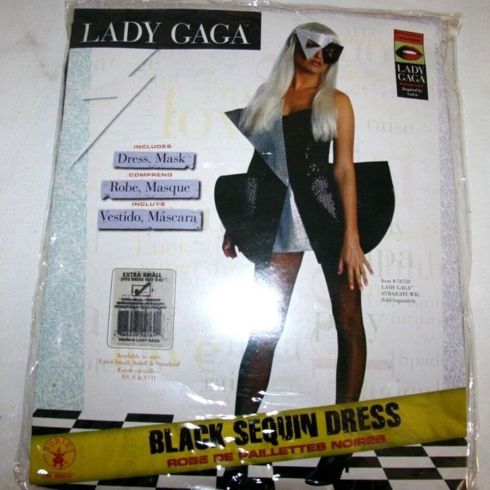 Lady Gaga Costume - Black Sequin Dress, Mask, and Wig Included